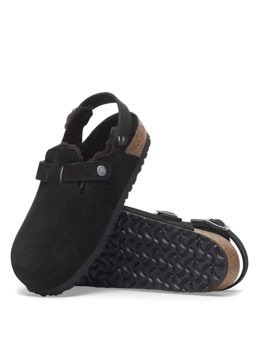 Birkenstock Black Suede Clog with Cork Heel and Adjustable Backstrap